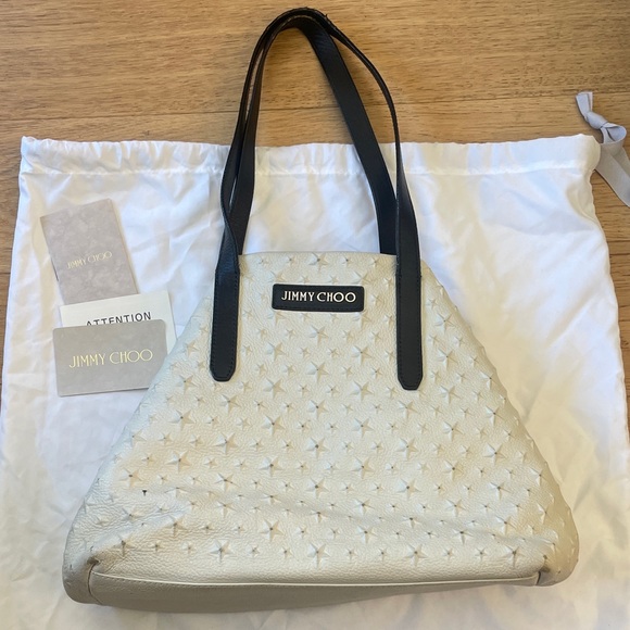 Jimmy Choo Handbags - Jimmy Choo Cream Leather Star-Embossed Tote with Black Handles